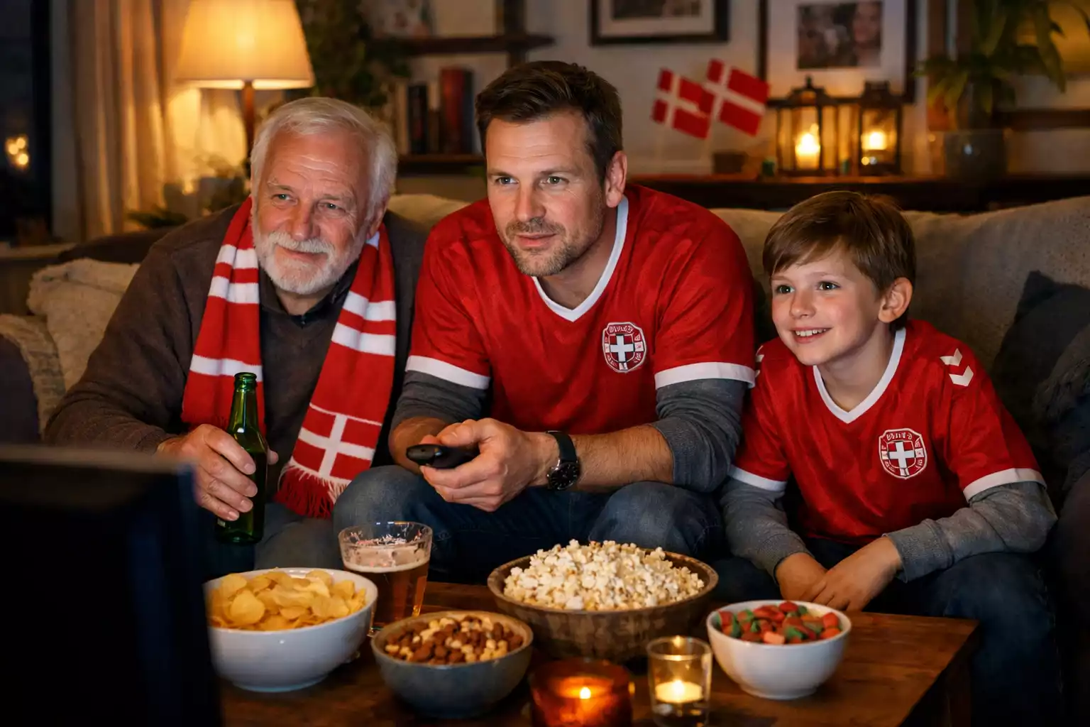 Familie ser Champions League kamp sammen i stuen med snacks og god stemning
