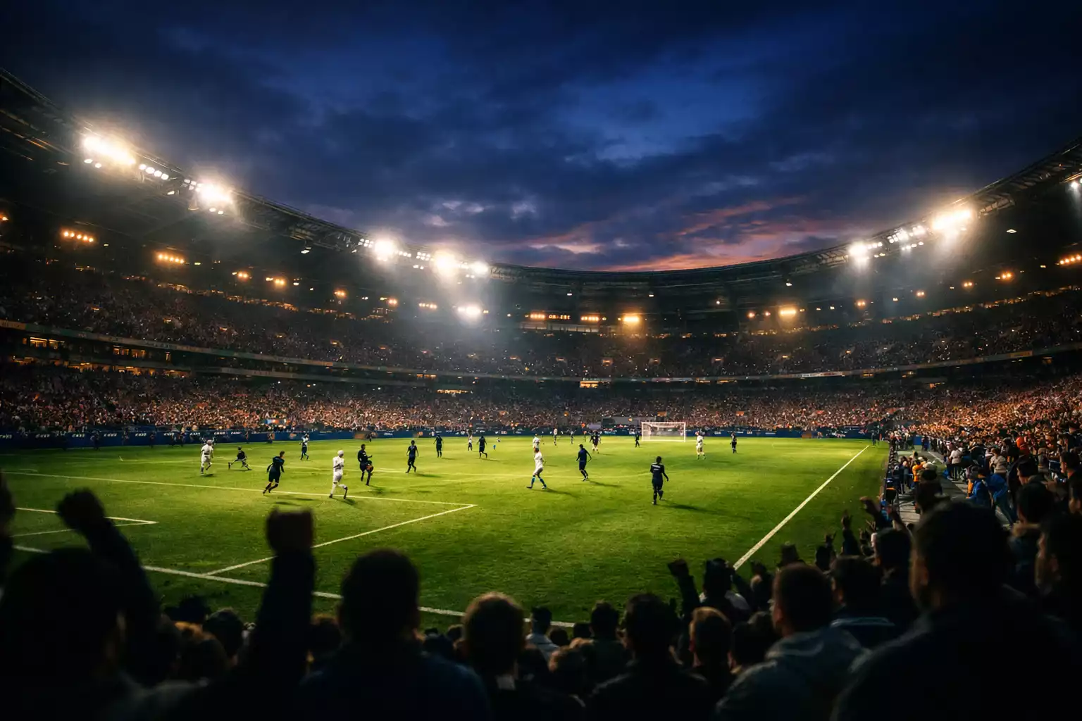 Live betting på fodbold - dynamisk stadionscene med fans og digitale odds-visninger