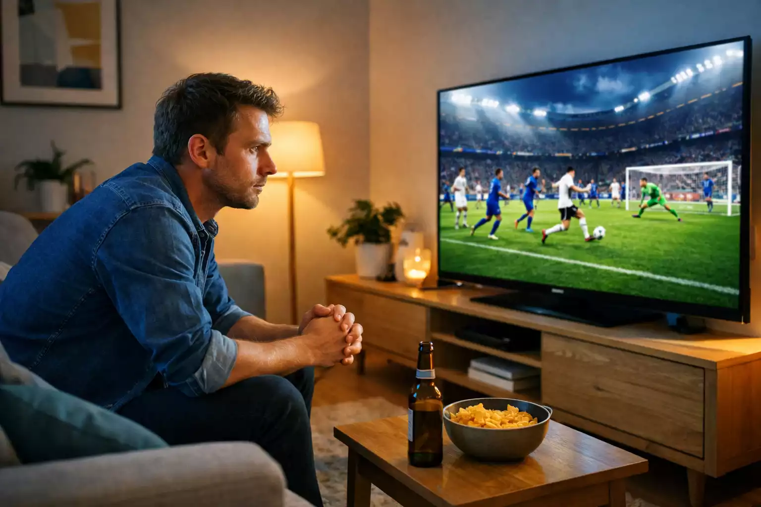 Mand der ser fodboldkamp live på stort fjernsyn i stue med spændende atmosfære