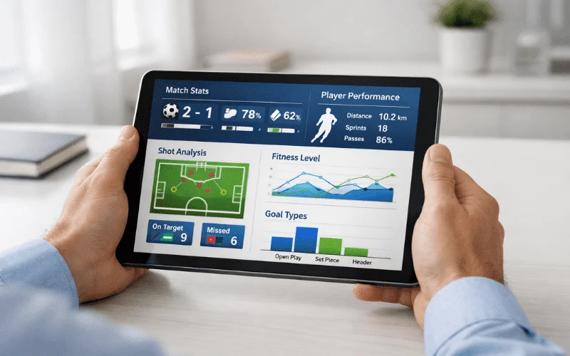 Person analyserer fodboldstatistik på tablet med grafer og data