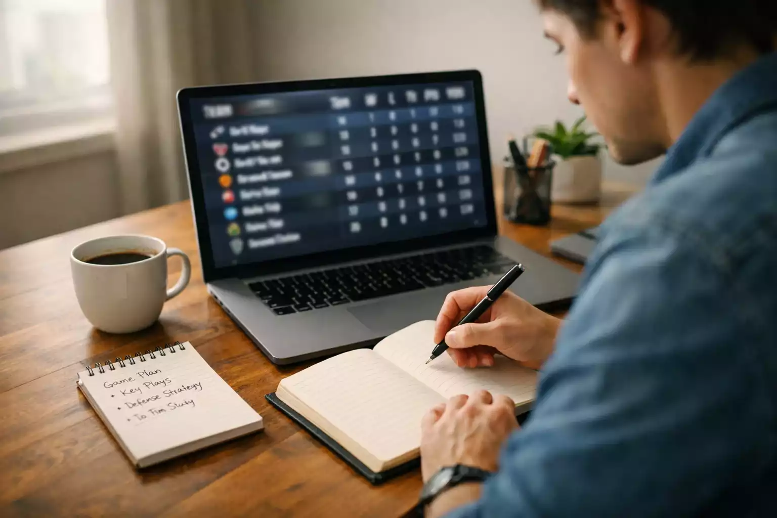 Person der analyserer fodboldkamp med statistikker og noter for at udvikle sin betting strategi