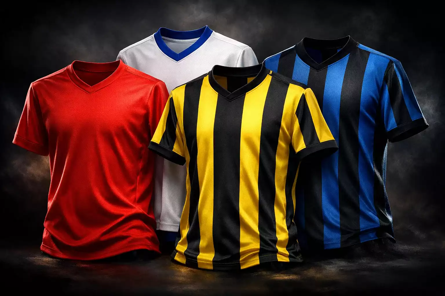 Collage af internationale fodboldligaer med Premier League, La Liga, Serie A og Bundesliga logoer på en grøn bane baggrund
