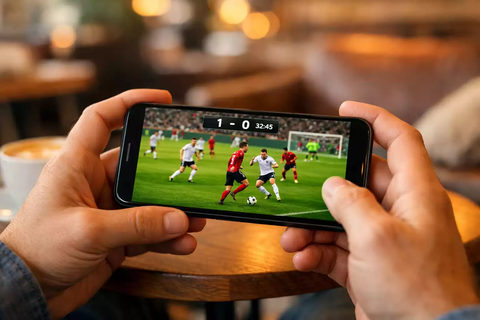 Person holder smartphone med fodboldkamp streaming og betting-interface på samme skærm