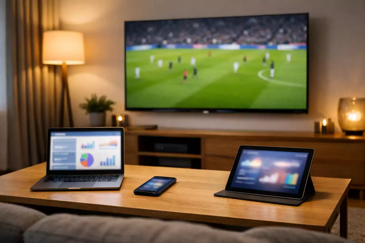 Moderne hjemmeopsætning til live betting med laptop, smartphone og storskærms TV der viser fodboldkamp