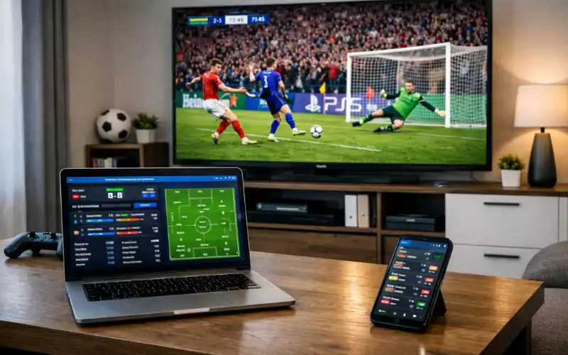 Optimal opsætning med fjernsyn der viser kamp, laptop med statistik og telefon med livescore app