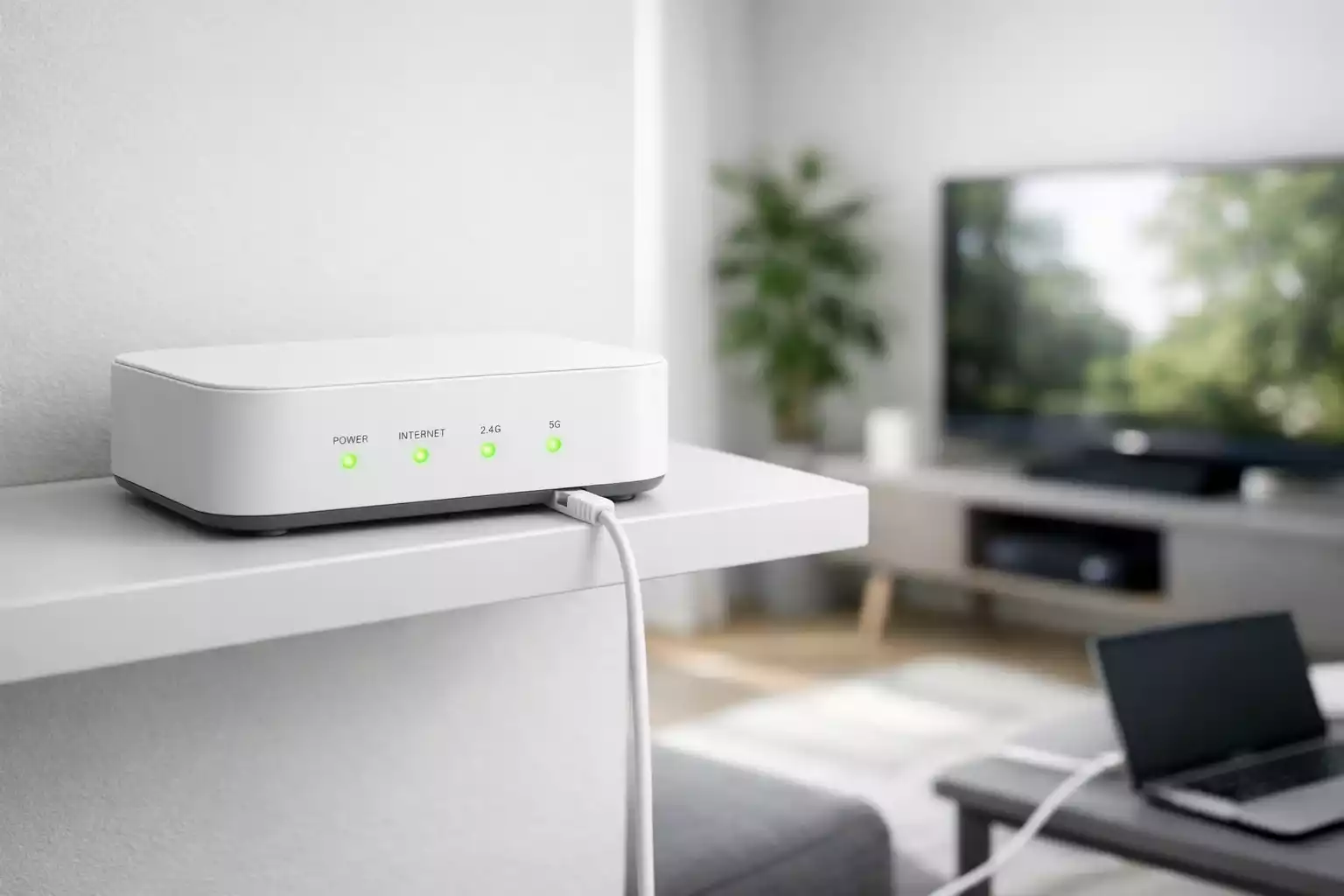 Router med stærkt signal og ethernet-kabel forbundet til computer for stabil streaming