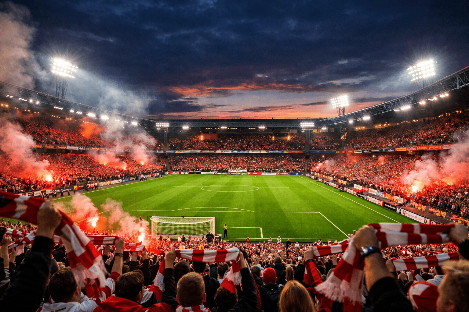 Fyldt dansk fodboldstadion med passionerede fans og intens kampdag atmosfære